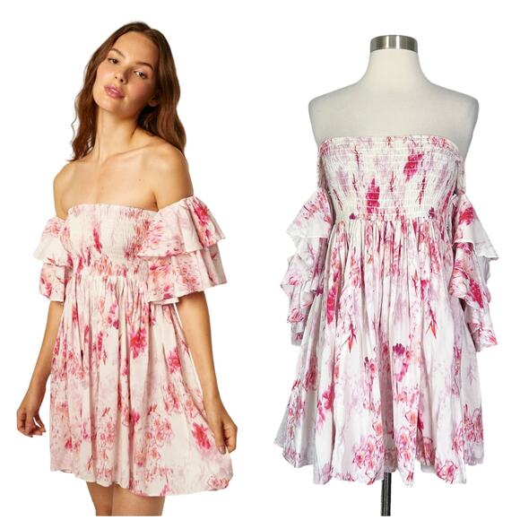 MISA | Dina Floral Ruffle Bell Sleeve Off Shoulder Flowy Revolve Mini Dress M - Picture 1 of 10